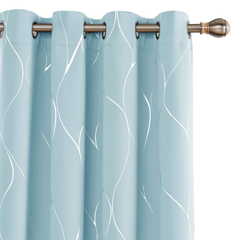 Deconovo Sky Blue Blackout Curtains 2 Panel Set for Bedroom, Thermal Insulated Grommet Room Darkening Window Drapes for Living Room, Silver Line Foil Print, 52W x 96L Inch - Image 1